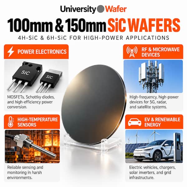 100mm and 150mm silicon carbide SiC wafer applications including power electronics, RF microwave devices, high-temperature sensors, electric vehicles, and renewable energy