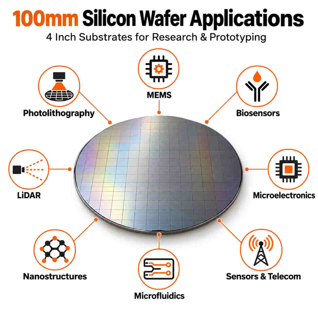 100mm silicon wafer applications including MEMS, photolithography, biosensors, LiDAR, microelectronics, nanostructures, and microfluidics