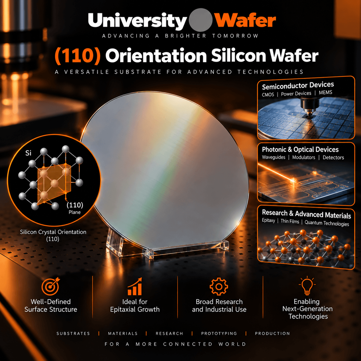 110 orientation silicon wafer applications for semiconductor devices, photonics, epitaxial growth, thin films and advanced materials research