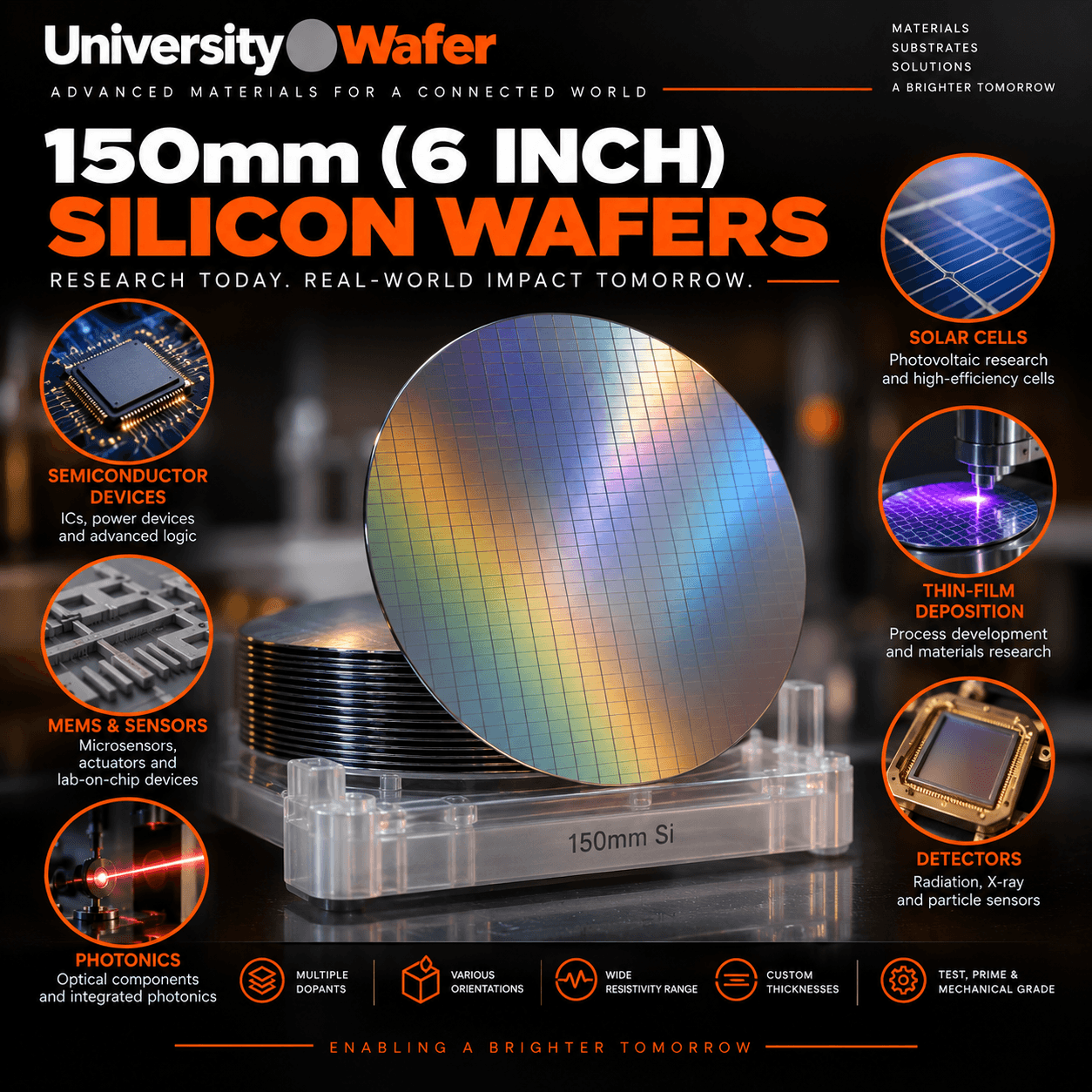 150mm 6 inch silicon wafer applications for semiconductor devices, MEMS, photonics, solar cells, thin-film deposition and radiation detectors