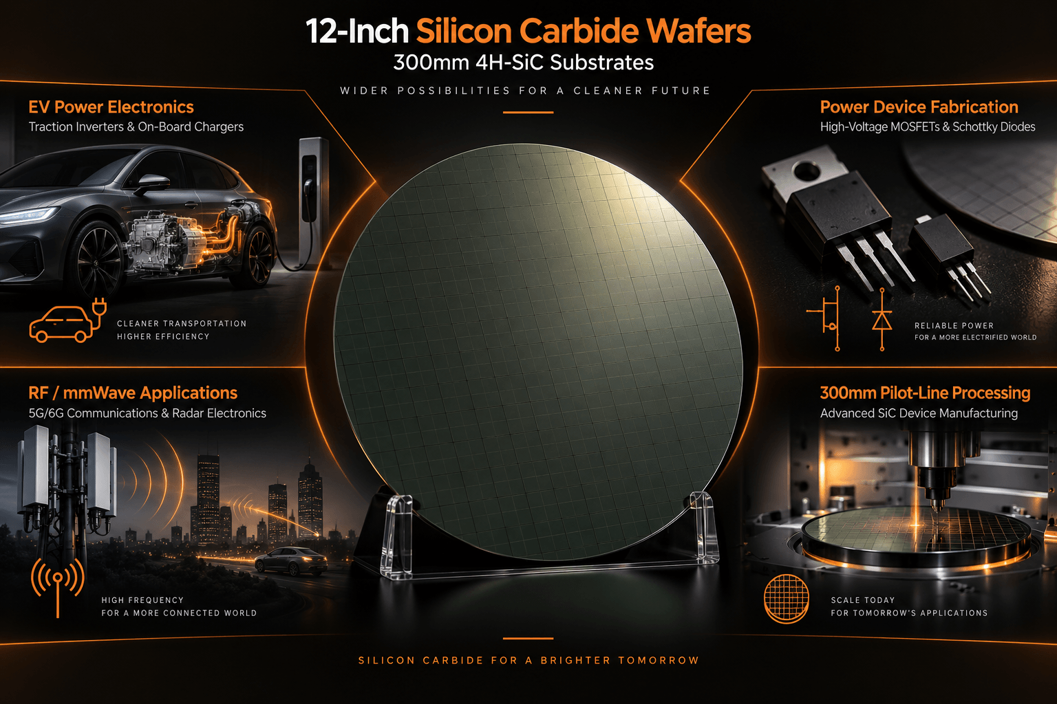 12-inch 300mm silicon carbide wafer applications including EV power electronics, high-voltage devices, RF and mmWave communications, and semiconductor processing