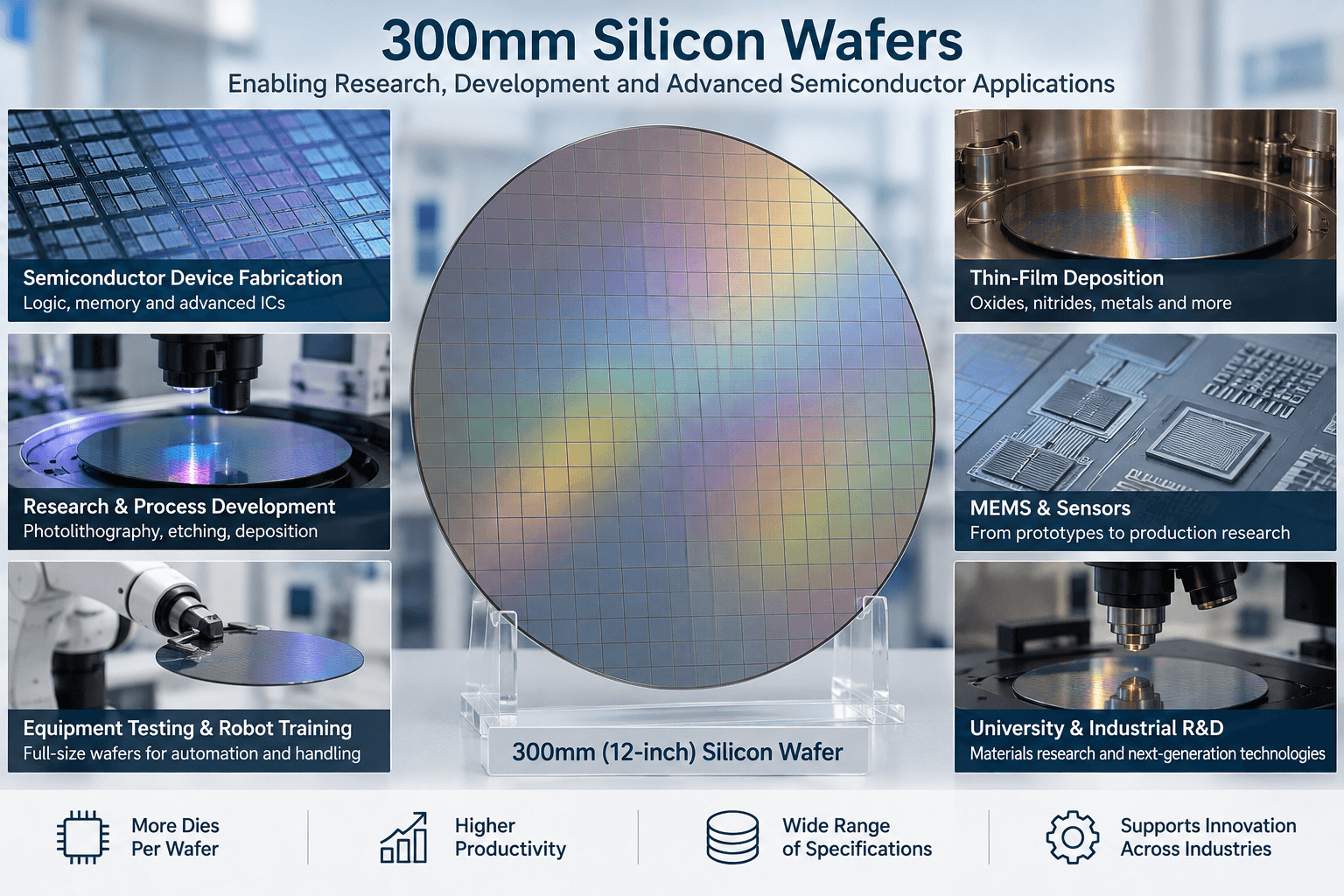 300mm silicon wafer applications including semiconductor fabrication, thin-film deposition, MEMS, equipment testing, robot training and research
