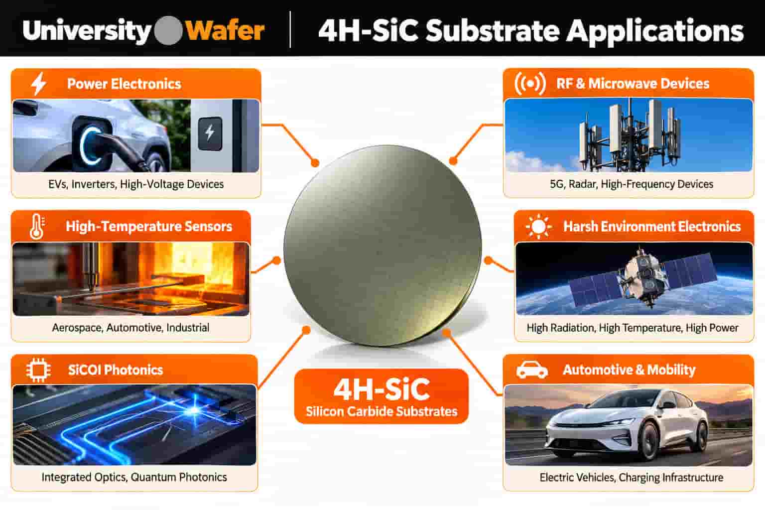 4H silicon carbide SiC substrate applications including power electronics, RF and microwave devices, high-temperature sensors, harsh environment electronics, SiCOI photonics, and electric vehicles