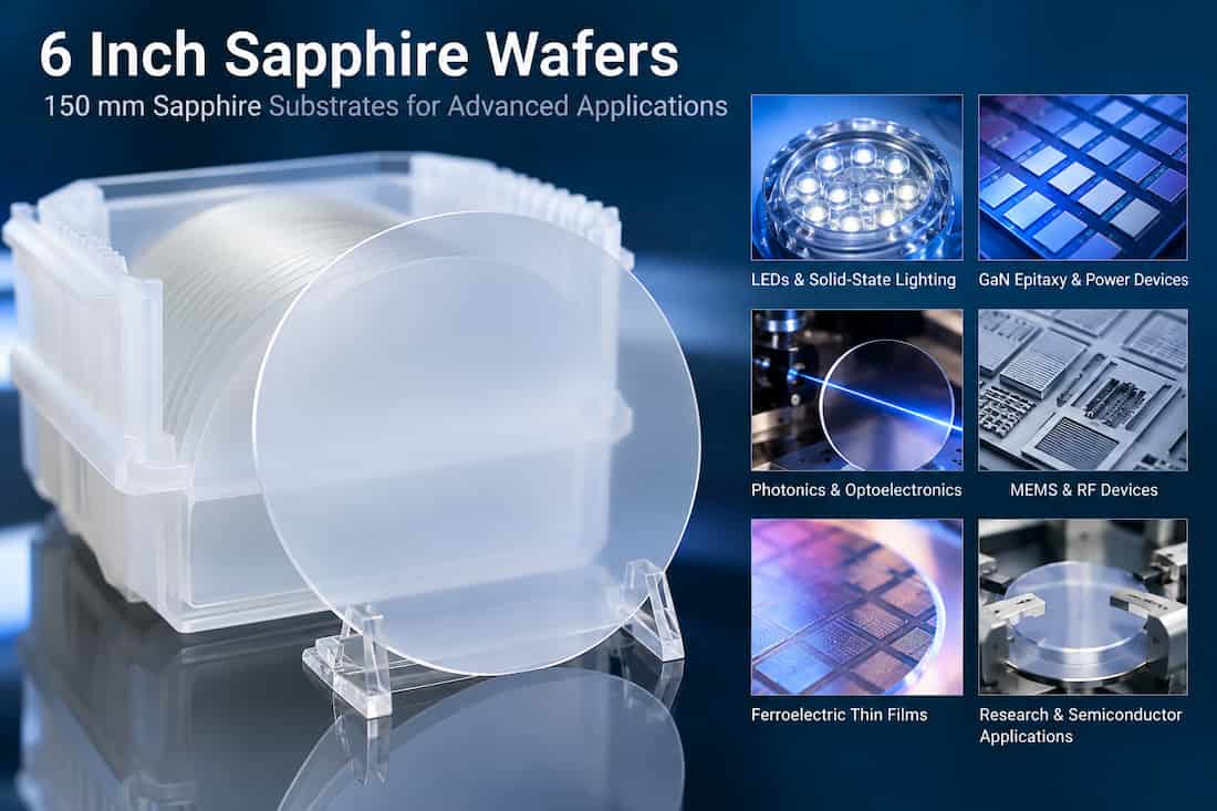 6 inch sapphire wafers used for GaN epitaxy, LEDs, photonics, MEMS, RF devices and semiconductor research