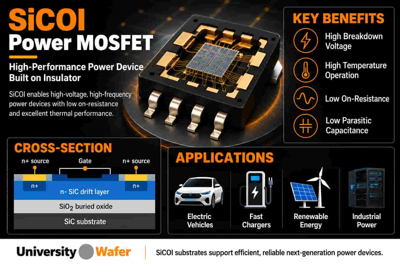 SiCOI power MOSFET device showing silicon carbide on insulator structure for high-voltage, high-frequency and high-temperature electronics