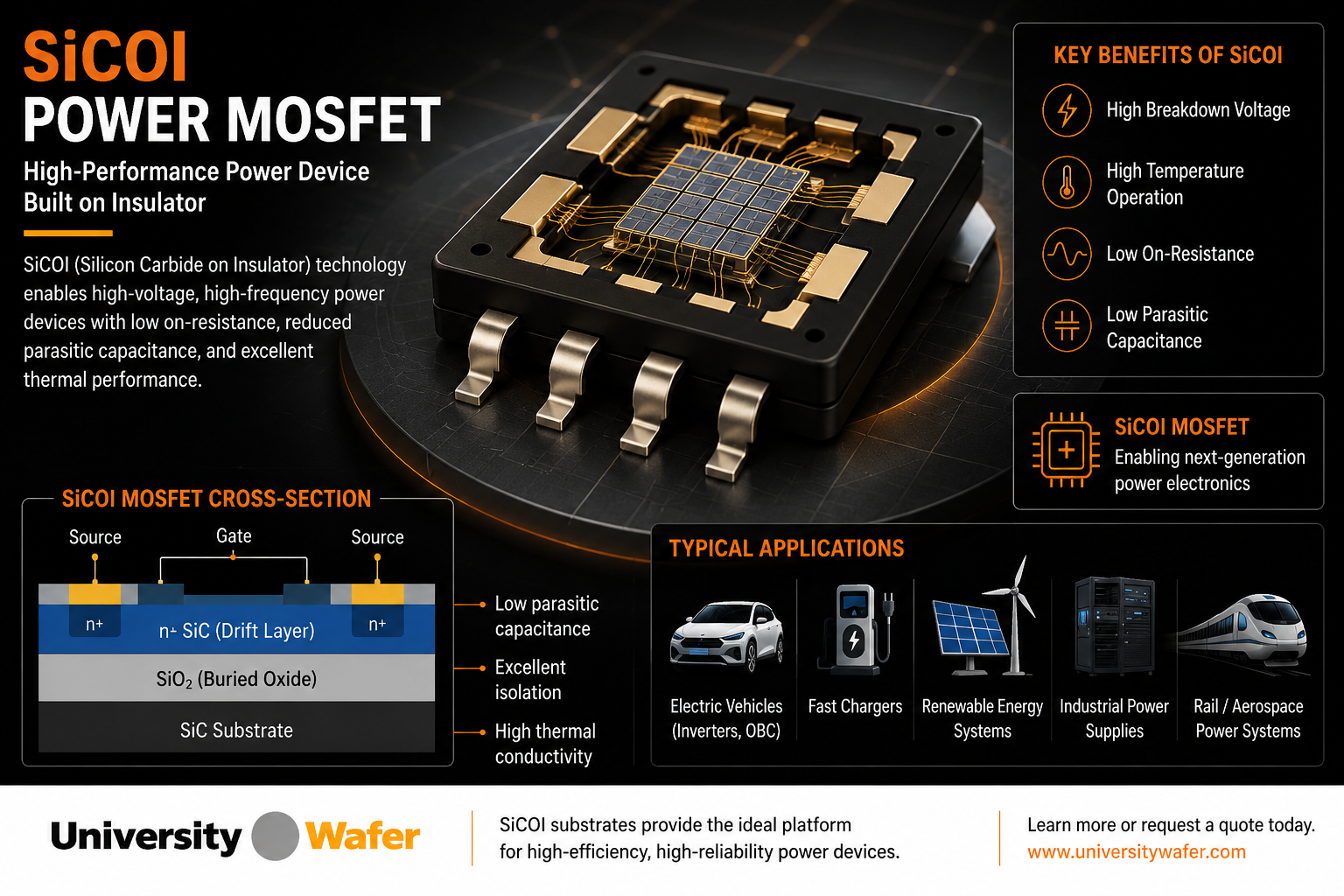SiCOI power MOSFET device showing silicon carbide on insulator structure for high-voltage, high-frequency and high-temperature electronics