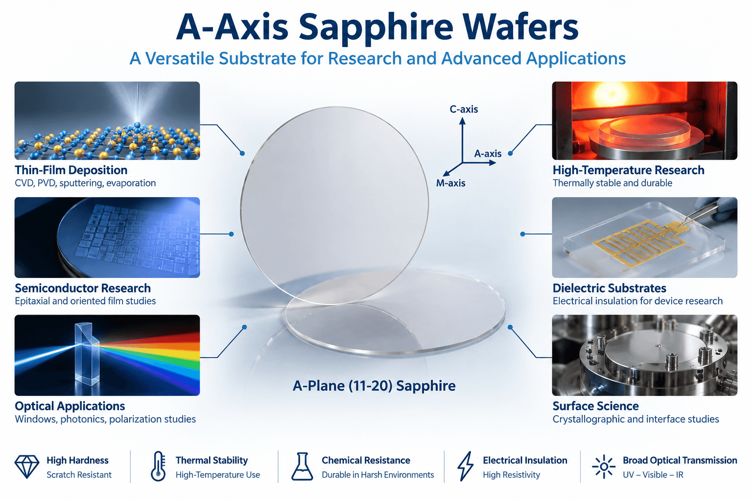 A-axis sapphire wafer applications including thin-film deposition, semiconductor research, optical applications, dielectric substrates, high-temperature research, and surface science