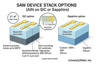 SAW Device Stack: AlN on SiC vs Sapphire” Surface acoustic wave (SAW) device stack options—2 µm AlN on SiC (350 µm) and on C-plane sapphire (430 µm) with IDT electrodes; layers not to scale.