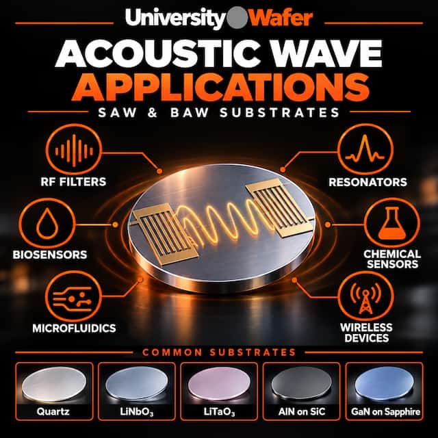 Surface acoustic wave SAW and BAW substrate applications including RF filters, resonators, biosensors, chemical sensors, microfluidics and wireless devices