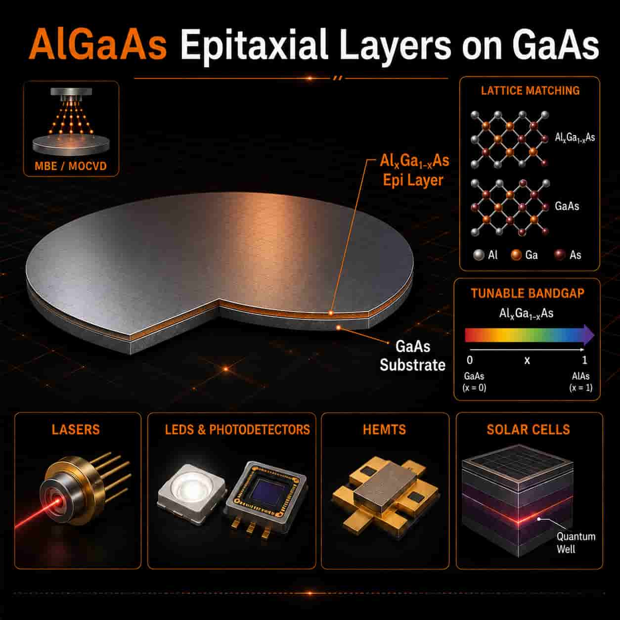 AlGaAs epitaxial layer on a GaAs substrate showing MBE and MOCVD growth, tunable bandgap, lasers, LEDs, photodetectors, HEMTs and solar-cell applications