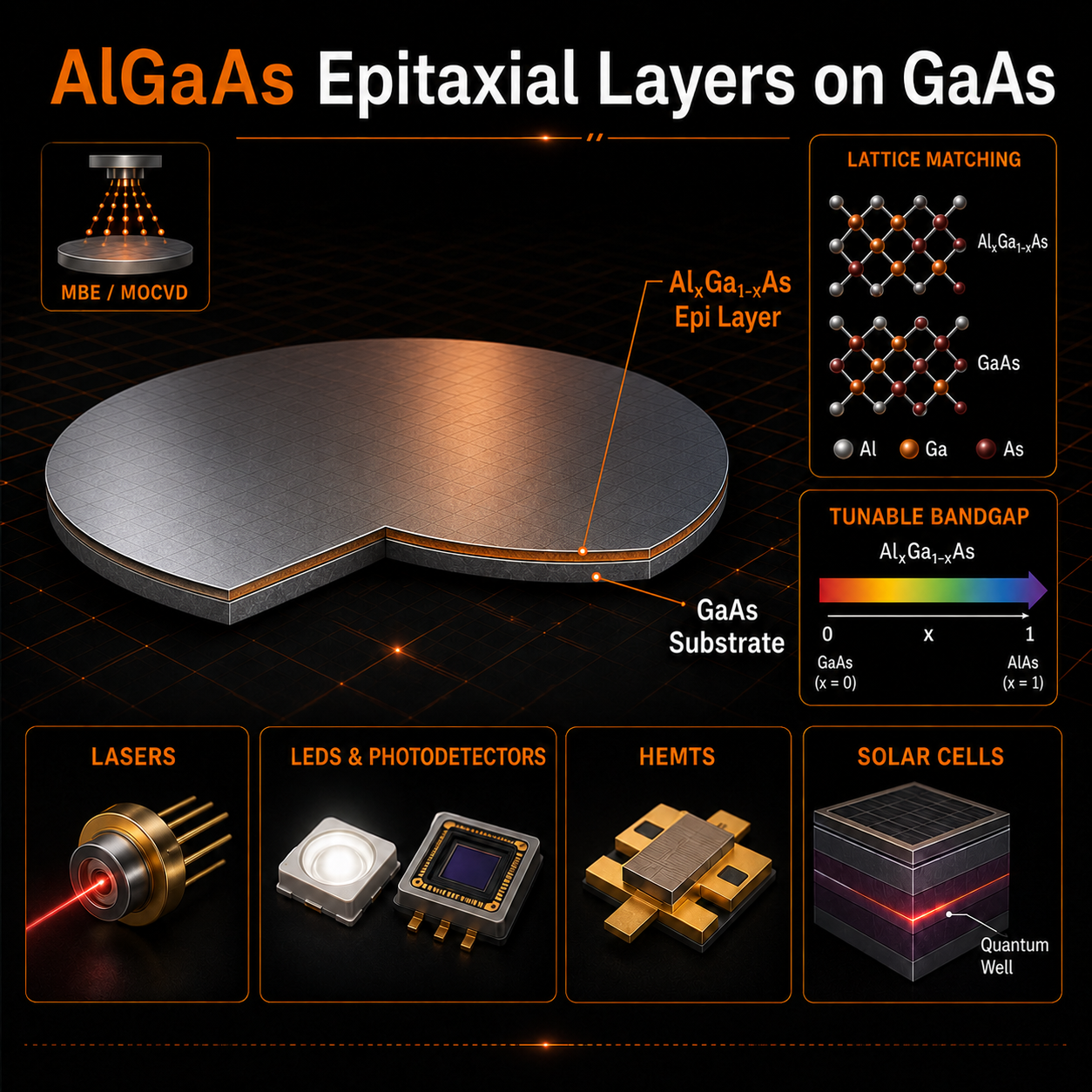 AlGaAs epitaxial layer on a GaAs substrate showing MBE and MOCVD growth, tunable bandgap, lasers, LEDs, photodetectors, HEMTs and solar-cell applications