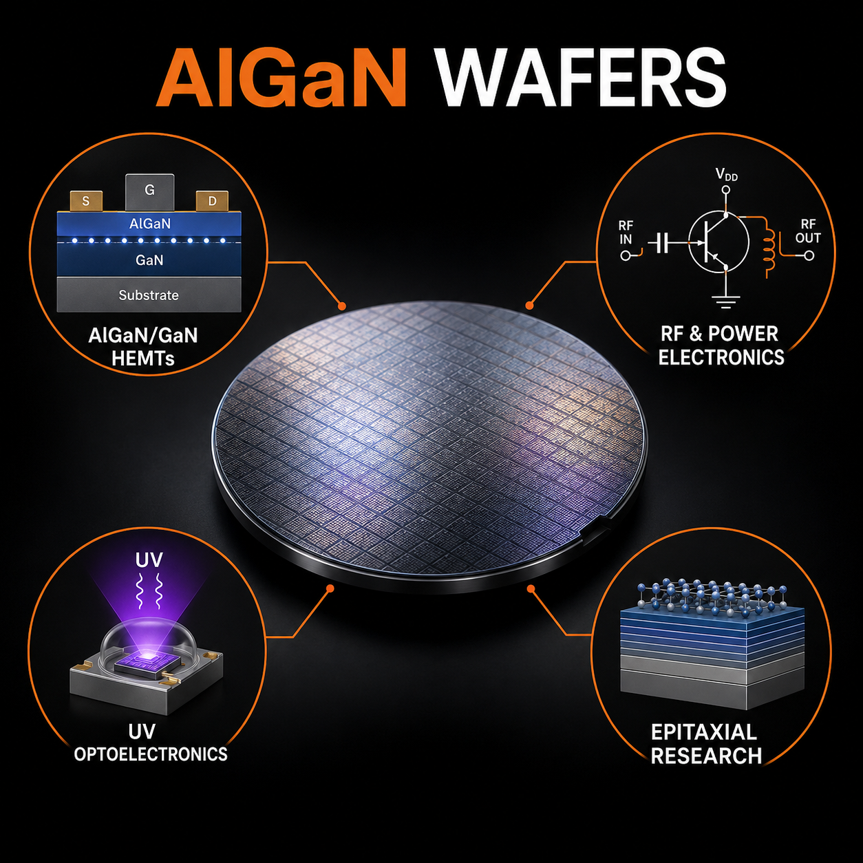 AlGaN wafer infographic showing HEMT, RF and power electronics, UV optoelectronics and epitaxial research applications