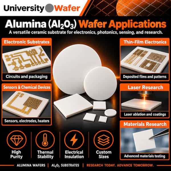 Alumina Al2O3 wafer applications including electronics, sensors, laser research, thin-film devices and materials research
