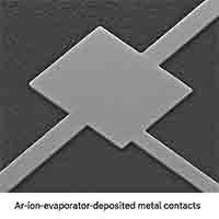 Scanning electron microscope (SEM) image showing argon ion evaporator–deposited metal contacts on a semiconductor substrate with high surface precision.