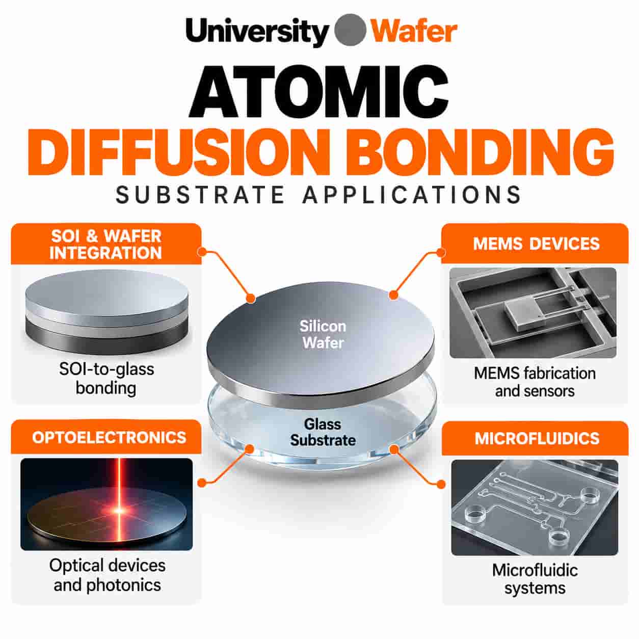 Atomic diffusion bonding applications including SOI-to-glass wafer bonding, MEMS devices, optoelectronics, and microfluidic systems