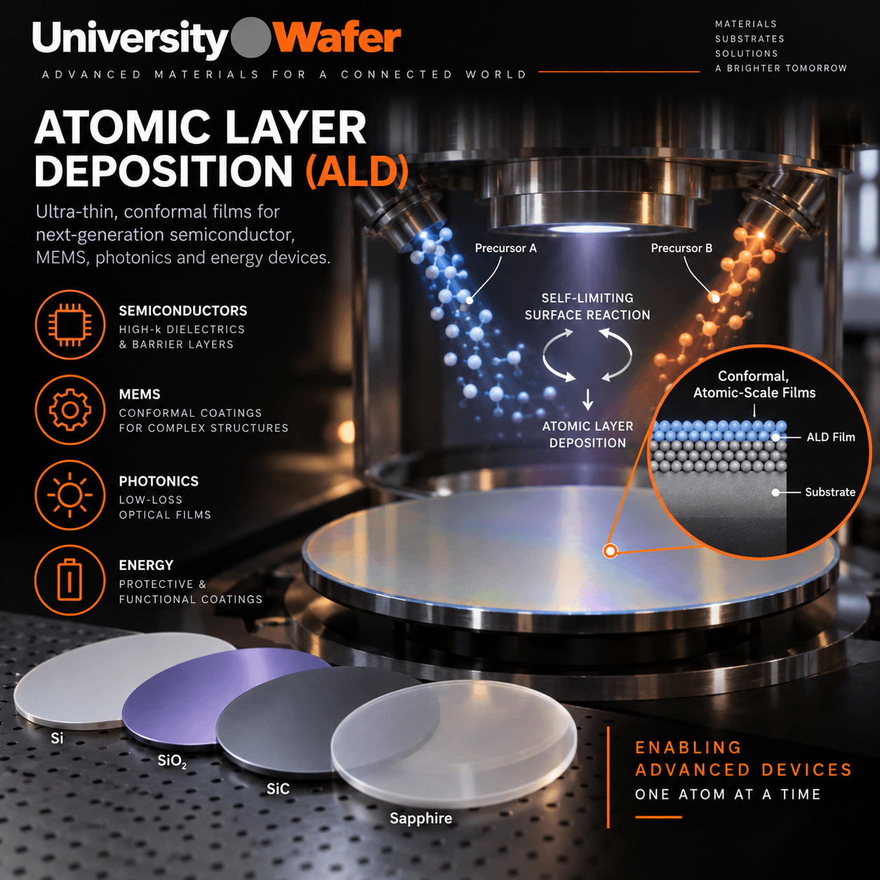 Atomic layer deposition ALD substrate applications for semiconductors, MEMS, photonics and energy devices using silicon, silicon dioxide, silicon carbide and sapphire