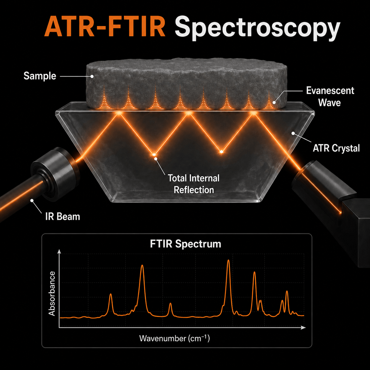 ATR-FTIR spectroscopy infographic showing total internal reflection, evanescent wave interaction with a sample, and FTIR absorbance spectrum