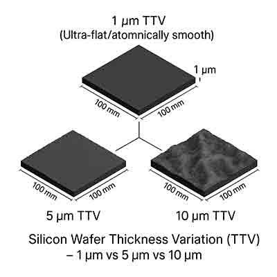 title="Silicon Wafer TTV Comparison — 1 µm vs 5 µm vs 10 µm silicon wafer total thickness variation: 1 µm ultra-flat wafer on top, 5 µm on the left, and 10 µm on the right; black/gray substrates on a white background