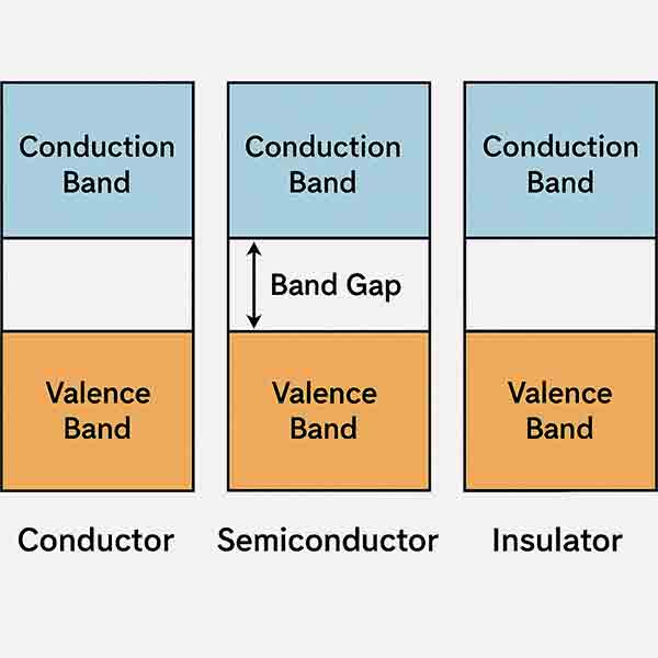 Bandgap Diagram: Conductor vs Semiconductor vs Insulator Diagram comparing the band structure of conductors, semiconductors, and insulators. Shows conduction and valence bands with labeled band gaps