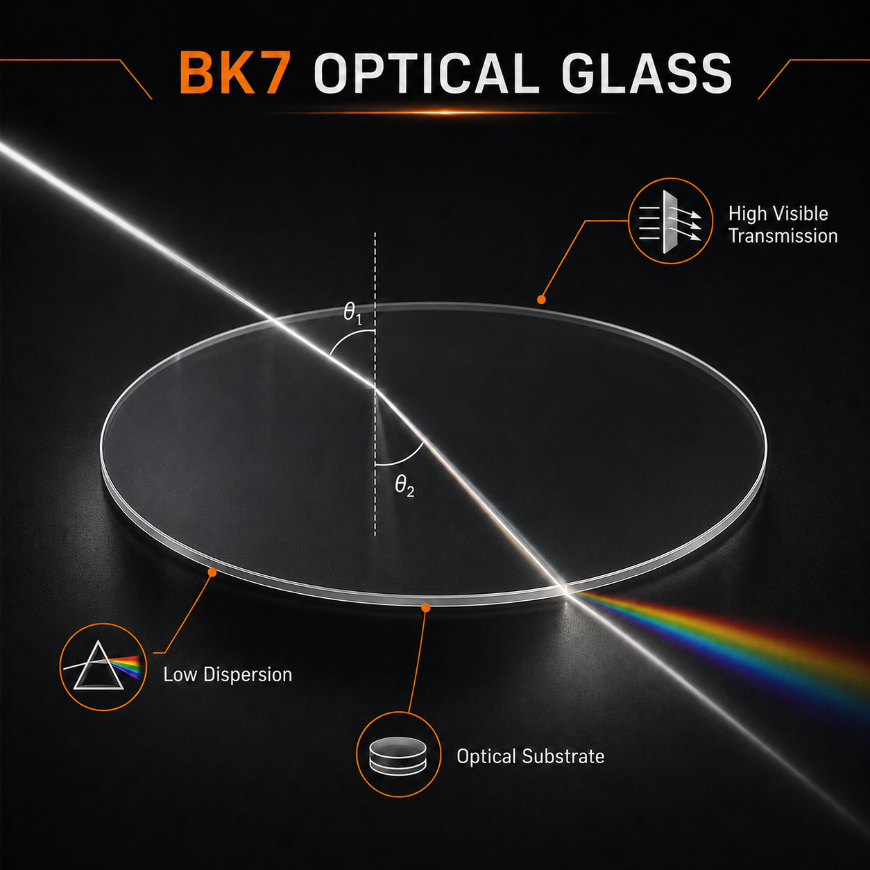 BK7 glass optical substrate infographic showing transparent polished BK7 glass and light transmission and refraction