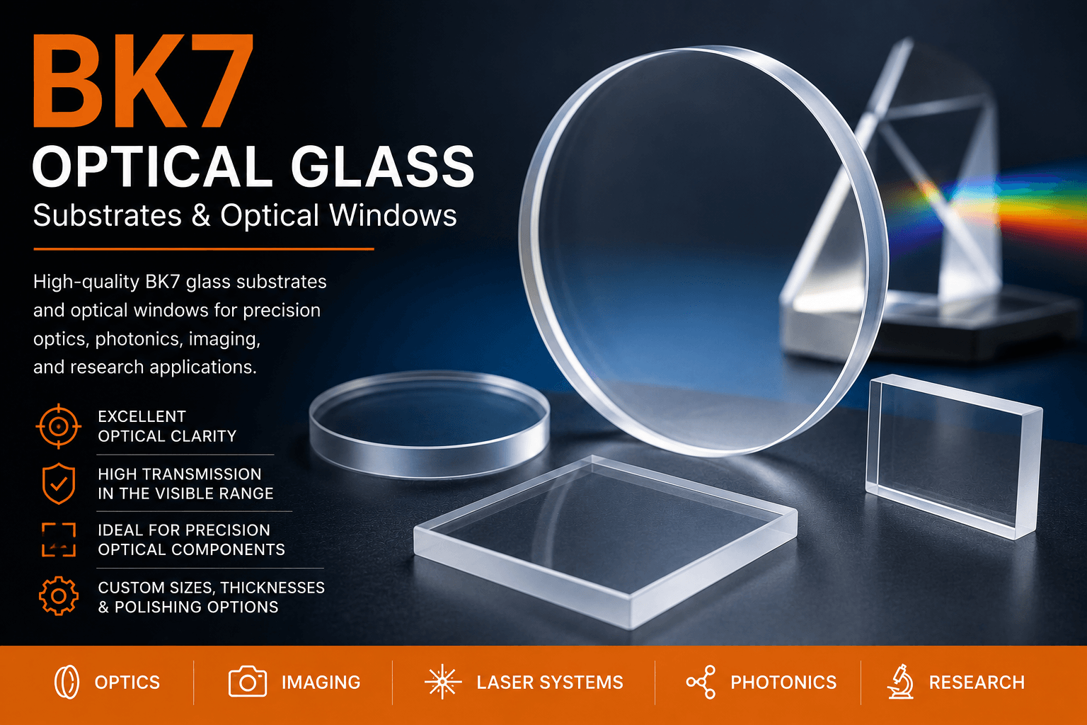 BK7 glass wafers and optical windows for precision optics, photonics, laser systems and scientific research