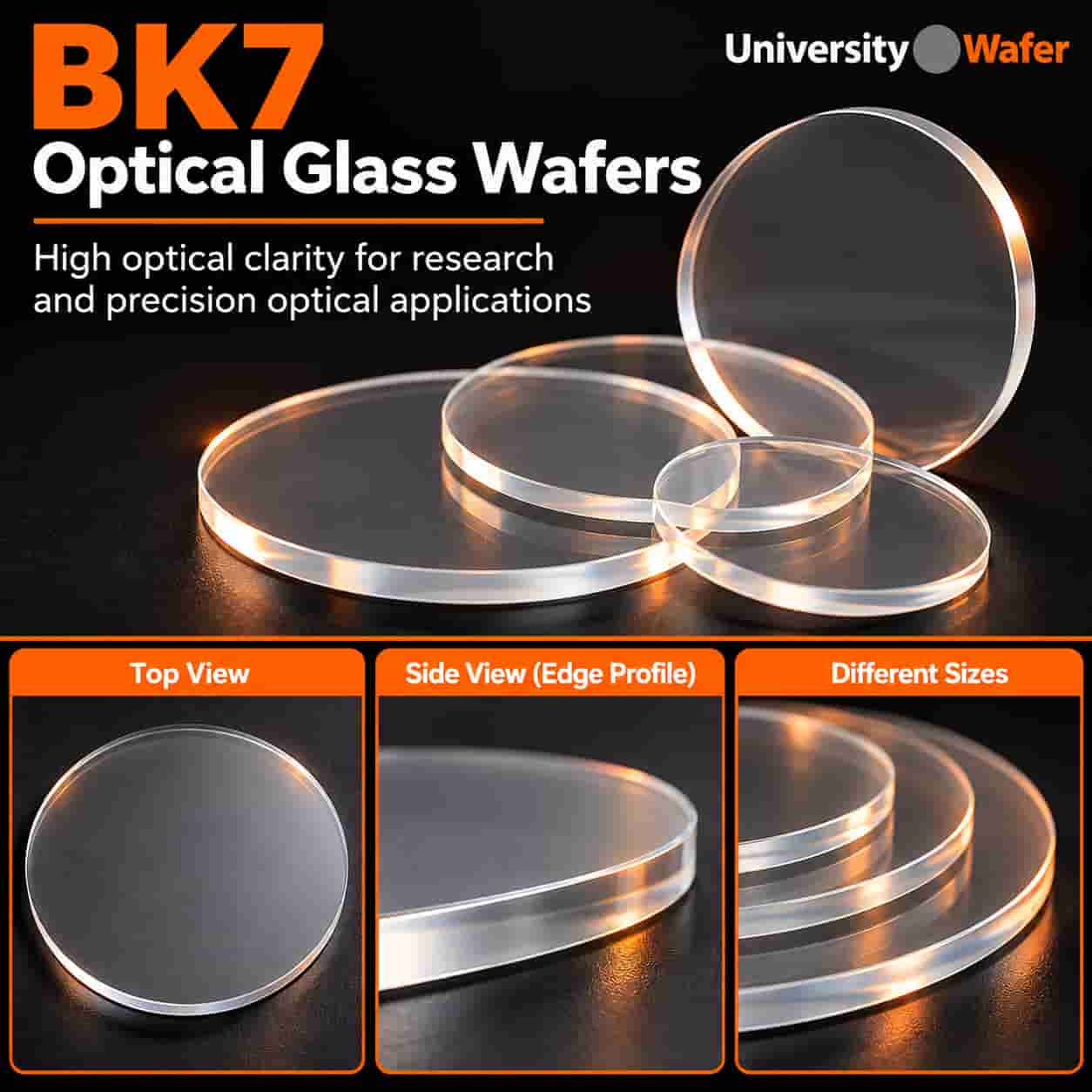BK7 optical glass wafers showing transparent polished substrates, top view, edge profile, and different wafer sizes for precision optics and research