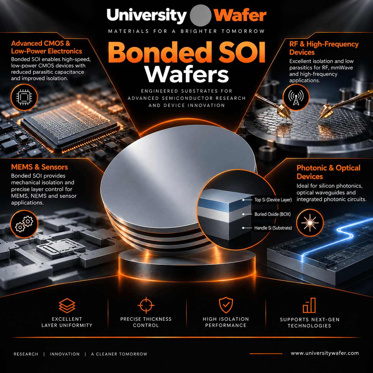Bonded SOI wafer applications including CMOS electronics, RF devices, MEMS sensors, silicon photonics, and optical devices