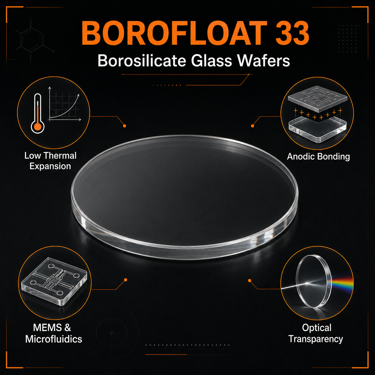 Borofloat 33 glass wafer infographic showing MEMS, anodic bonding, microfluidics and optical research applications