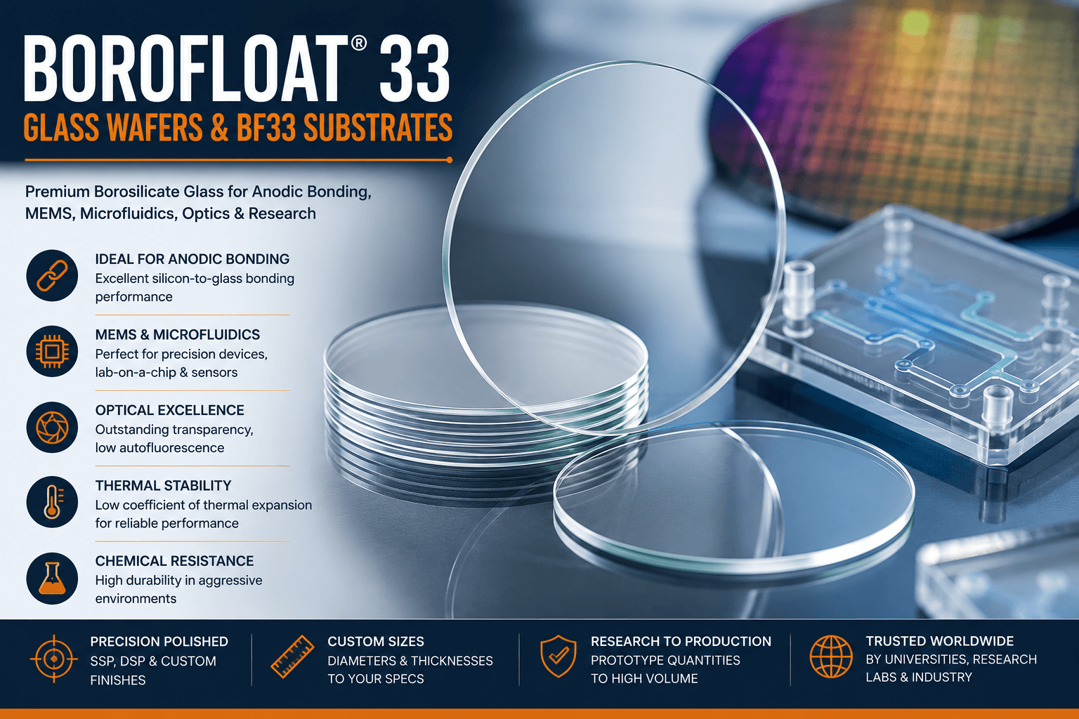 BOROFLOAT 33 glass wafers and BF33 borosilicate glass substrates for MEMS, anodic bonding, microfluidics, photonics and semiconductor research