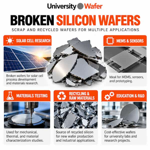 Broken silicon wafer applications including solar cell research, MEMS, materials testing, silicon recycling, and education