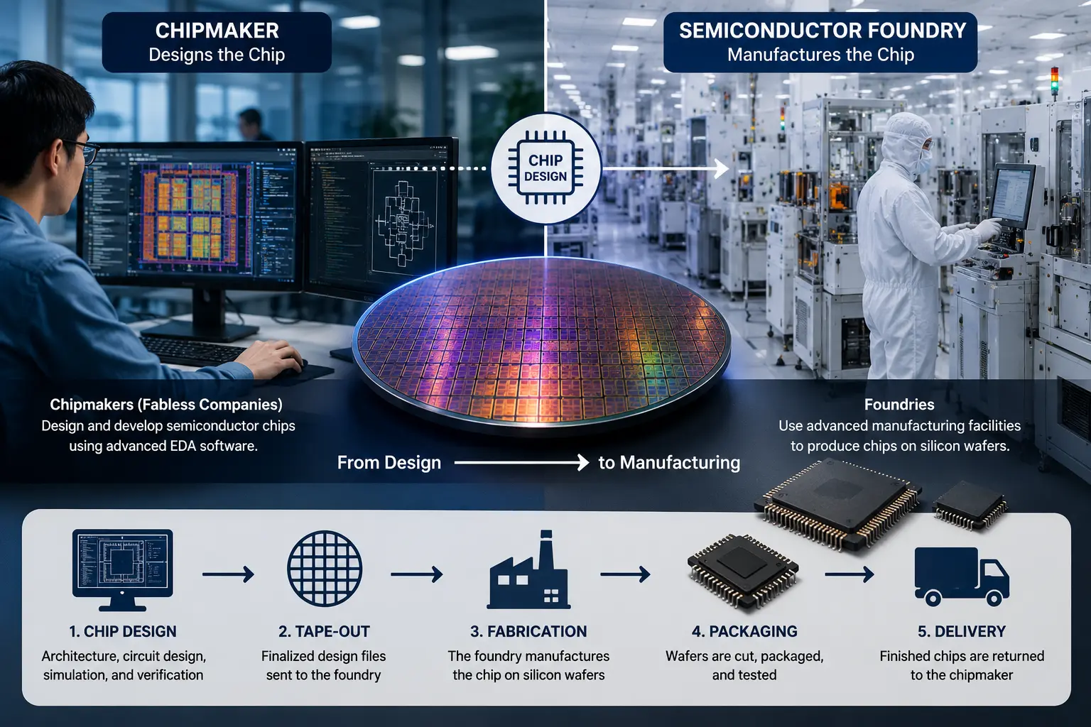 Chipmaker and semiconductor foundry comparison showing chip design, wafer fabrication, packaging, and delivery