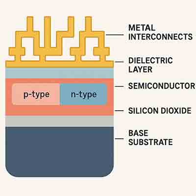 Diagram showing materials and layers that make up a computer chip. Cross-sectional diagram of a computer chip showing labeled layers including silicon substrate, doped regions, silicon dioxide, dielectric layer, and metal interconnects.