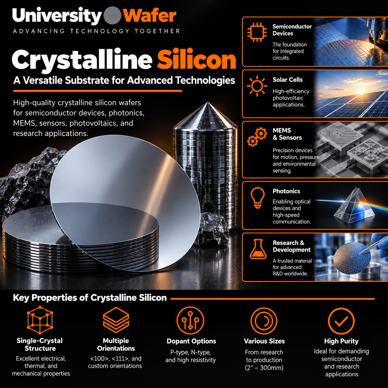 Crystalline silicon substrate applications including semiconductor devices, solar cells, MEMS sensors, photonics, and research
