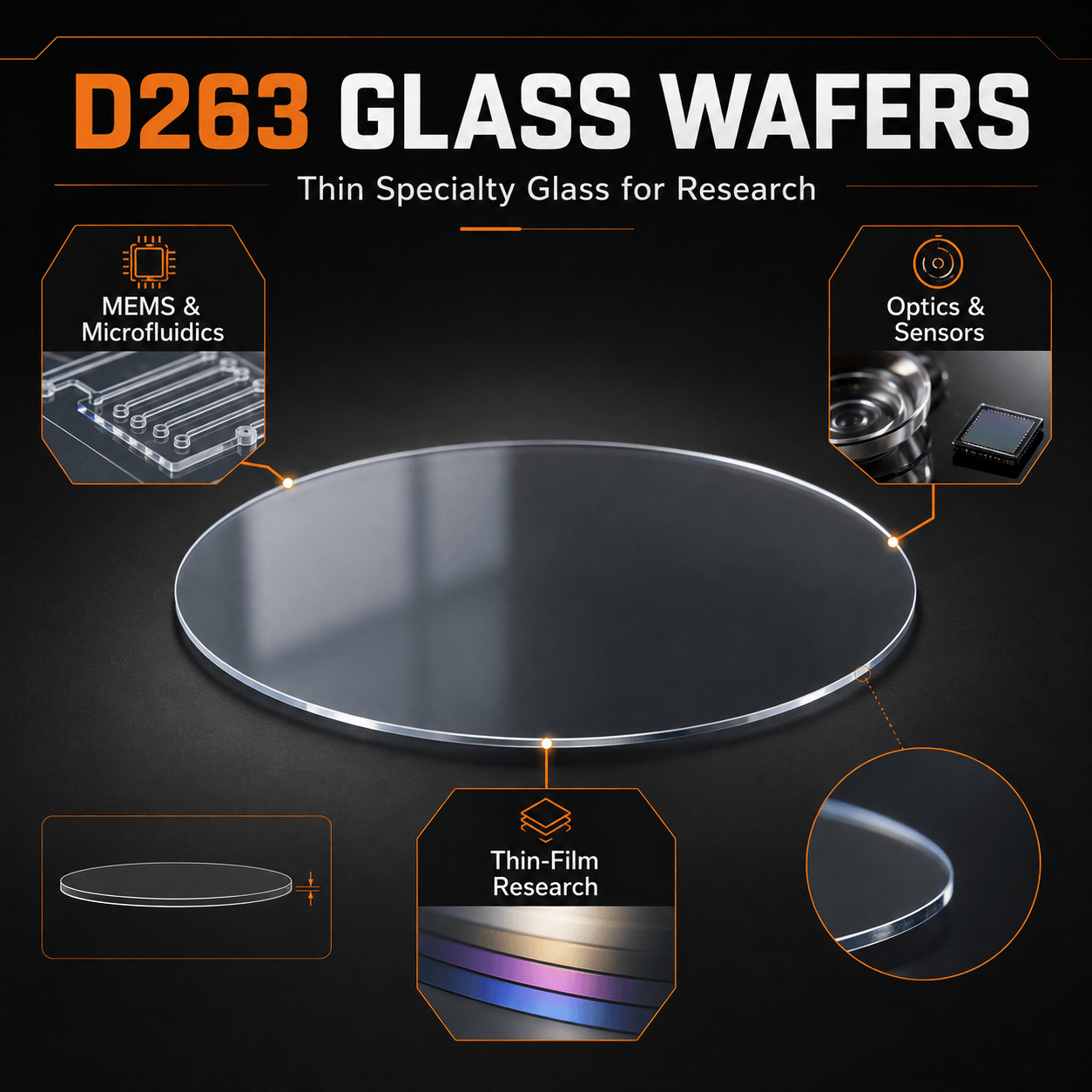 D263 glass wafer infographic showing thin transparent glass substrates for MEMS, microfluidics, optics and research