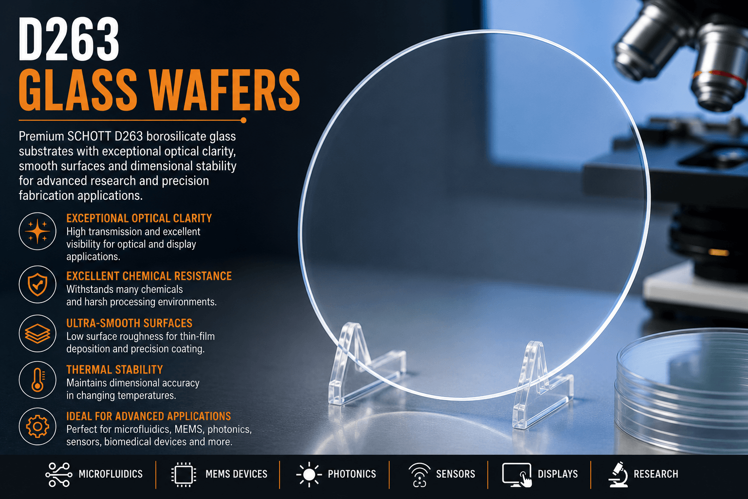D263 glass wafer used for optical, MEMS and microfluidic applications