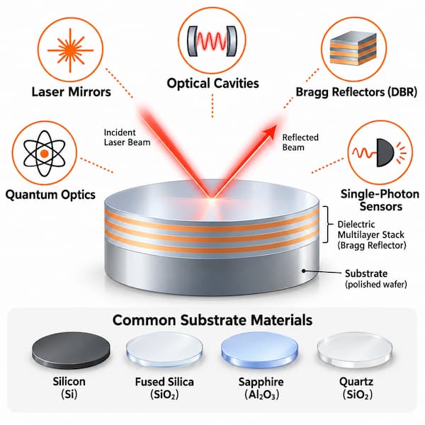 Dielectric mirror substrate applications including laser mirrors, optical cavities, Bragg reflectors, quantum optics, and single-photon sensors