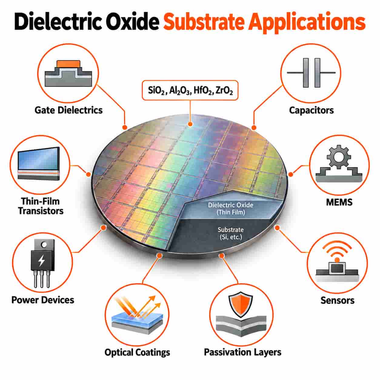 Dielectric oxide substrate applications including gate dielectrics, capacitors, MEMS, sensors, passivation layers, optical coatings, thin-film transistors, and power devices