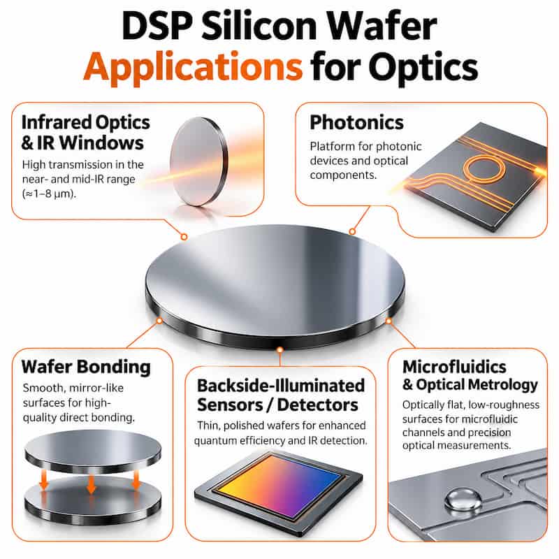 Double-sided polished silicon wafer applications including infrared optics, photonics, wafer bonding, backside-illuminated sensors, and optical metrology