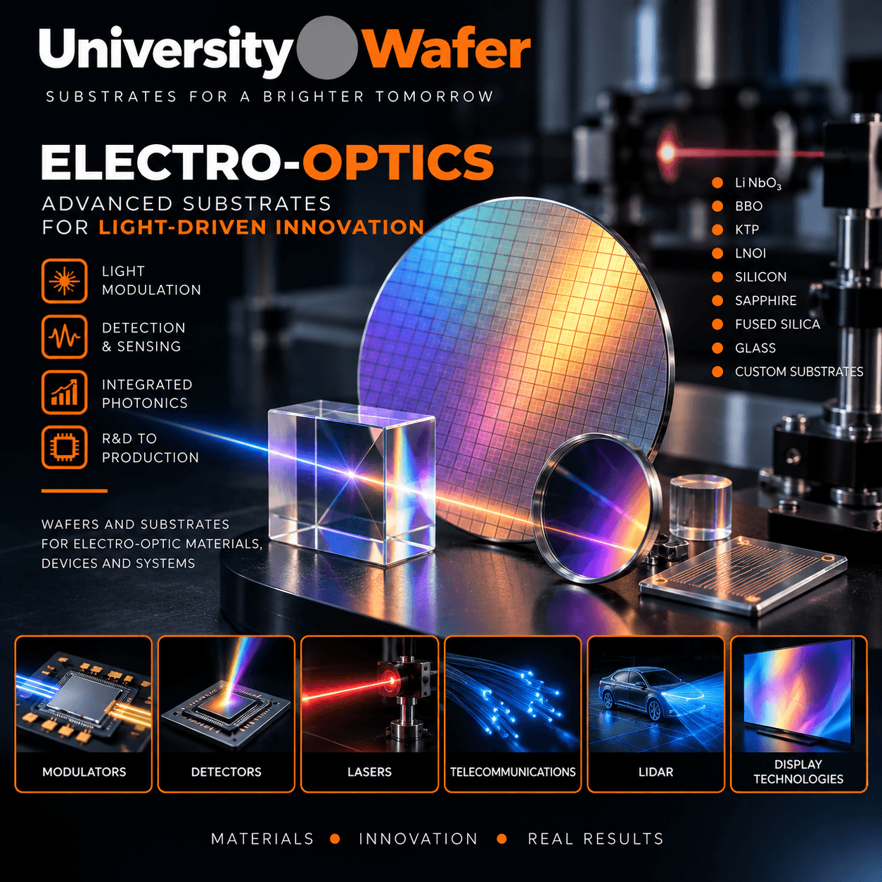 Electro-optic substrates for modulators, detectors, lasers, telecommunications, LiDAR, integrated photonics, and display technology research