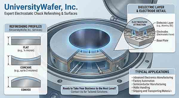 Mechanical Grade Silicon Dummy Wafer for Electrostatic Chuck Calibration | UniversityWafer, Inc. 00mm Silicon Wafer placed on a grooved Electrostatic Chuck (ESC) surface inside a semiconductor plasma etch chamber