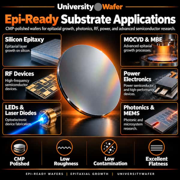 Epi-ready substrate applications including silicon epitaxy, MOCVD, MBE, RF devices, power electronics, LEDs, photonics and MEMS