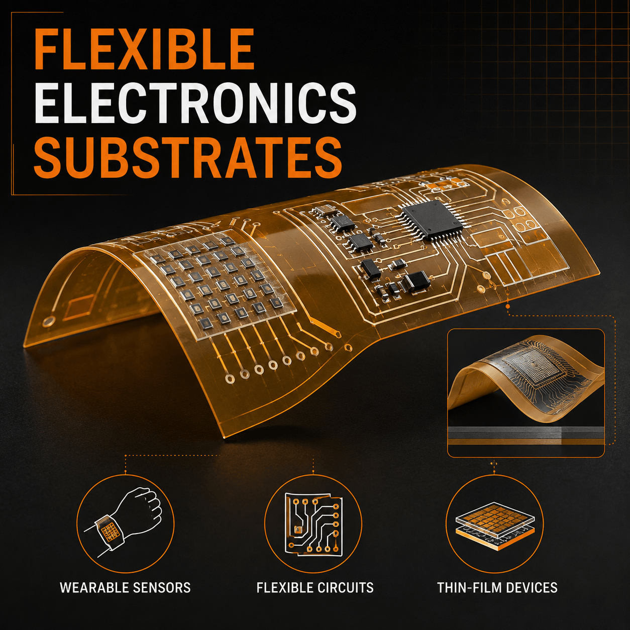 Flexible electronics substrates infographic showing a bendable polyimide substrate with thin-film circuits, wearable sensors and flexible electronic devices
