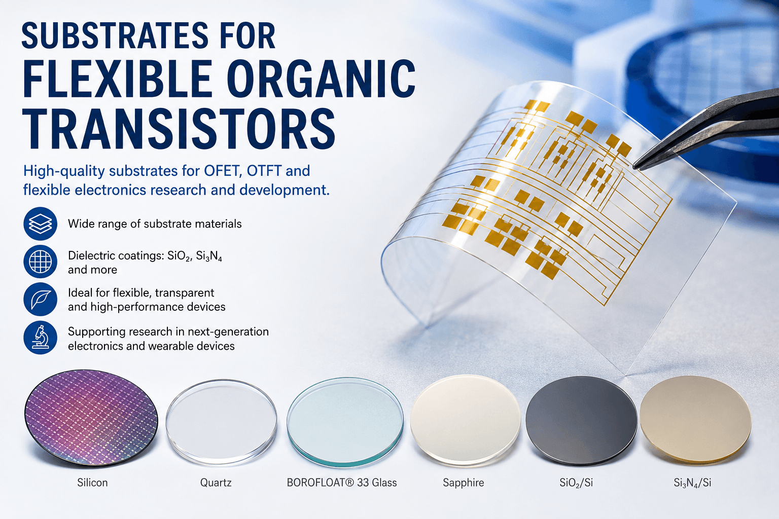 Flexible organic transistor substrates including silicon, quartz, sapphire and glass wafers for OFET and OTFT research