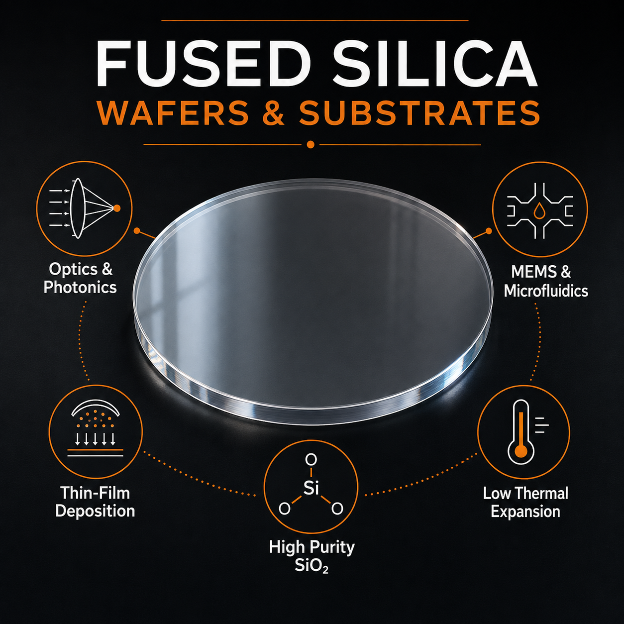 Fused silica wafer infographic showing optics, photonics, MEMS, microfluidics and thin-film research applications