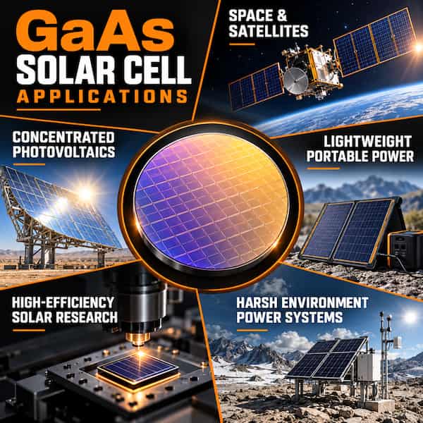Gallium arsenide GaAs solar cell substrate applications including satellites, concentrated photovoltaics, portable power, solar research, and harsh environments
