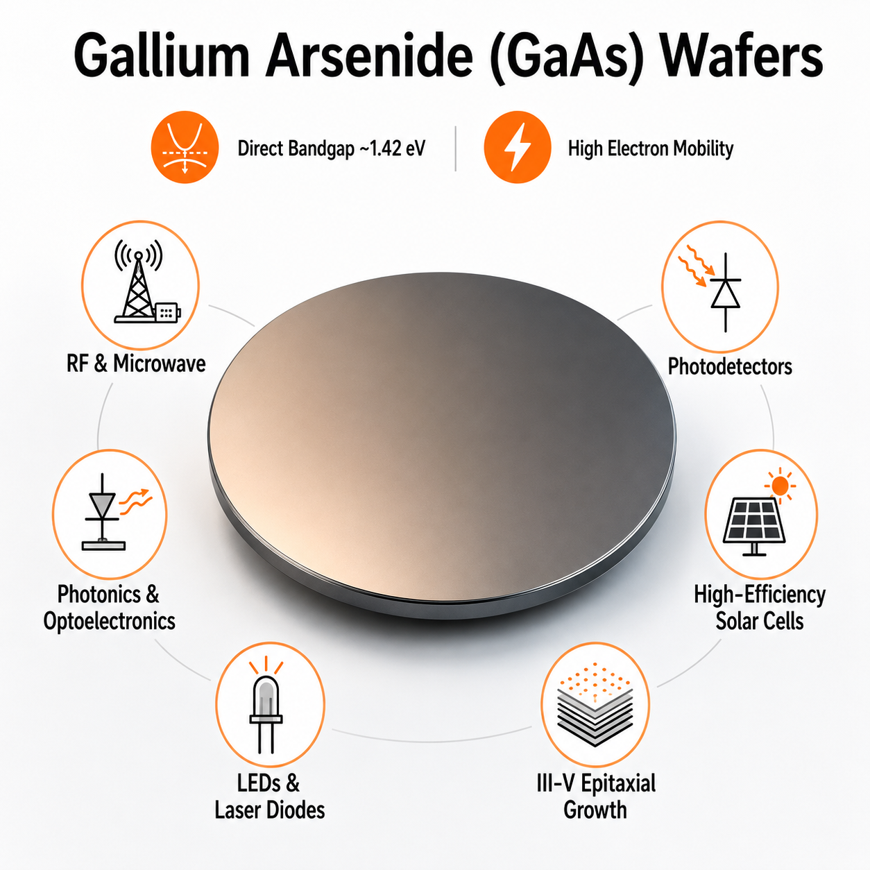Gallium Arsenide GaAs wafer infographic showing properties and semiconductor research applications