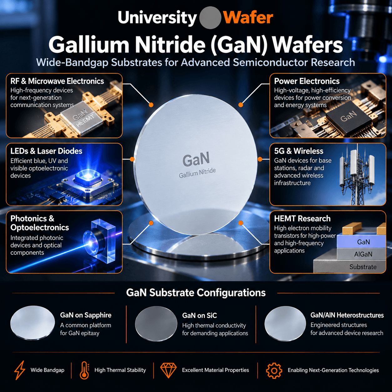 Gallium nitride GaN wafer applications including power electronics, RF and microwave devices, LEDs, laser diodes, photonics, 5G wireless, and HEMT research
