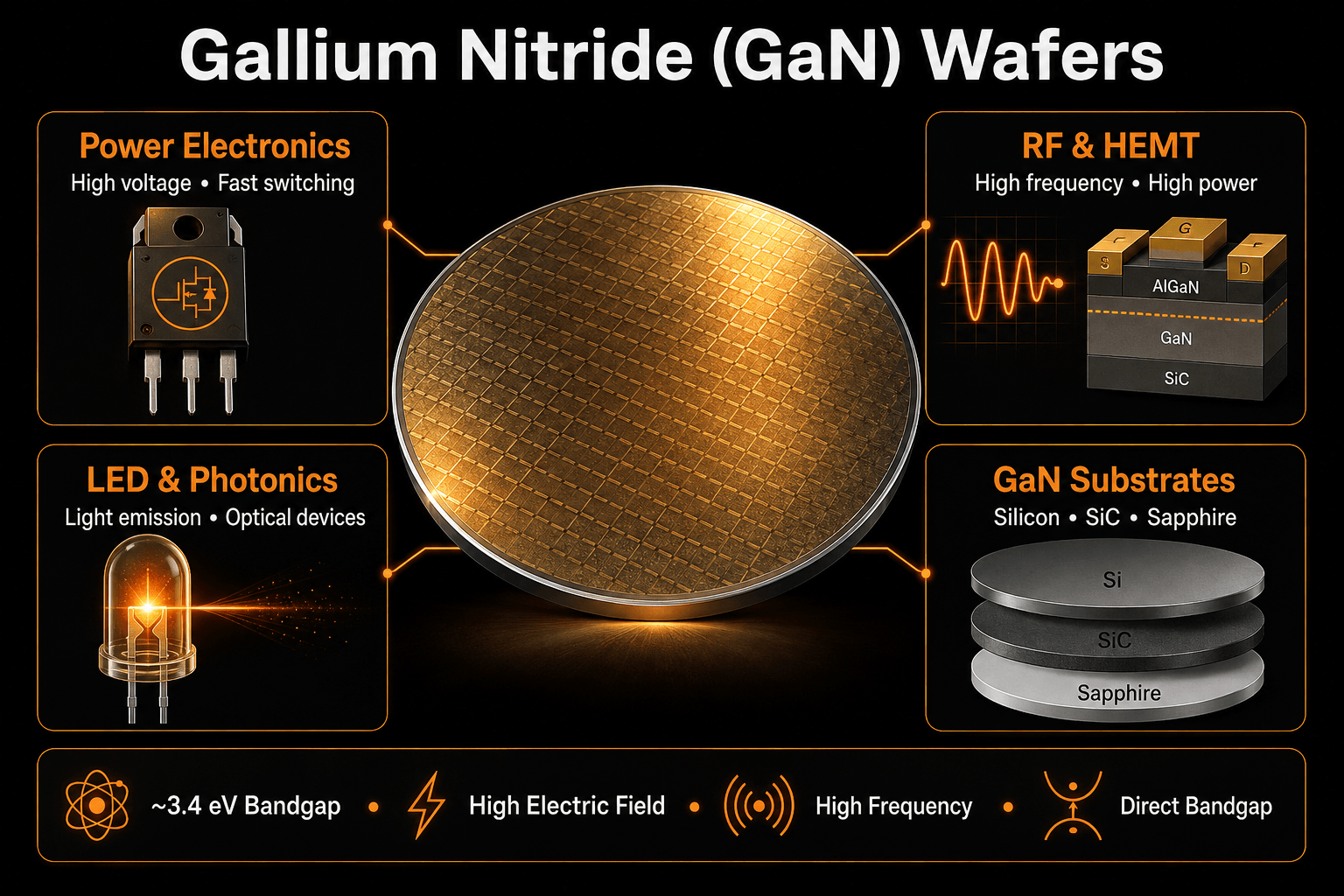 Gallium Nitride GaN wafer infographic showing power electronics, RF HEMT, LED photonics and GaN substrate applications
