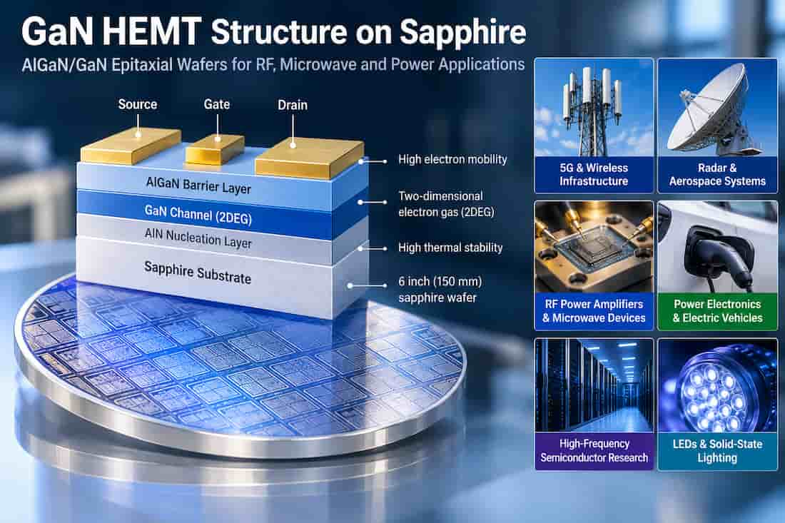 GaN HEMT structure on sapphire showing AlGaN barrier, GaN channel, AlN nucleation layer, and applications in 5G, RF amplifiers, radar, and power electronics