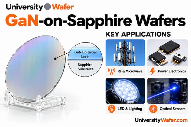 GaN-on-sapphire wafer infographic showing the GaN epitaxial layer, sapphire substrate, RF, power electronics, LED and optical sensor applications